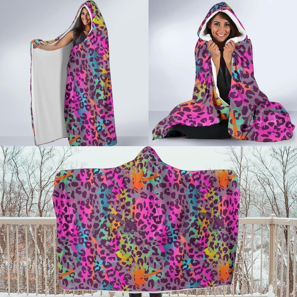 Rainbow Cheetah Leopard Pattern Print Hooded Blanket-grizzshop