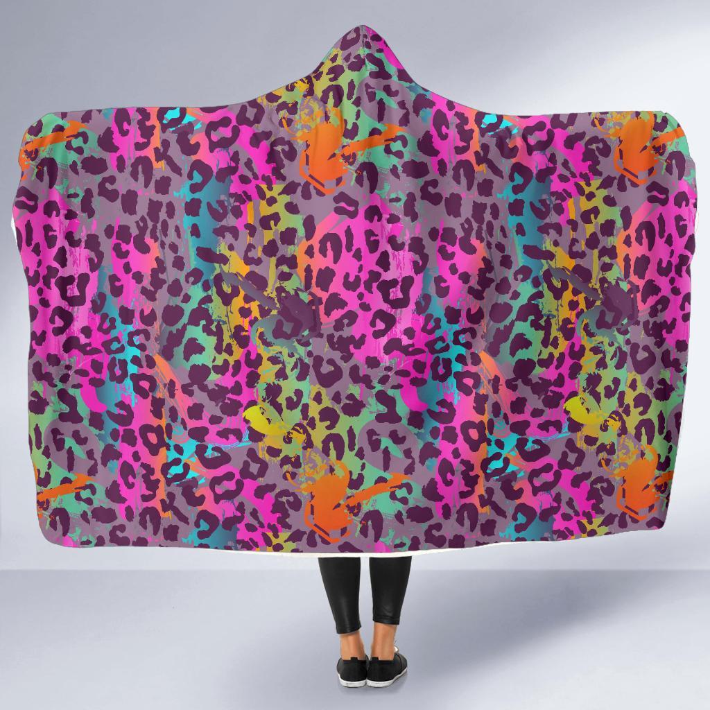 Rainbow Cheetah Leopard Pattern Print Hooded Blanket-grizzshop