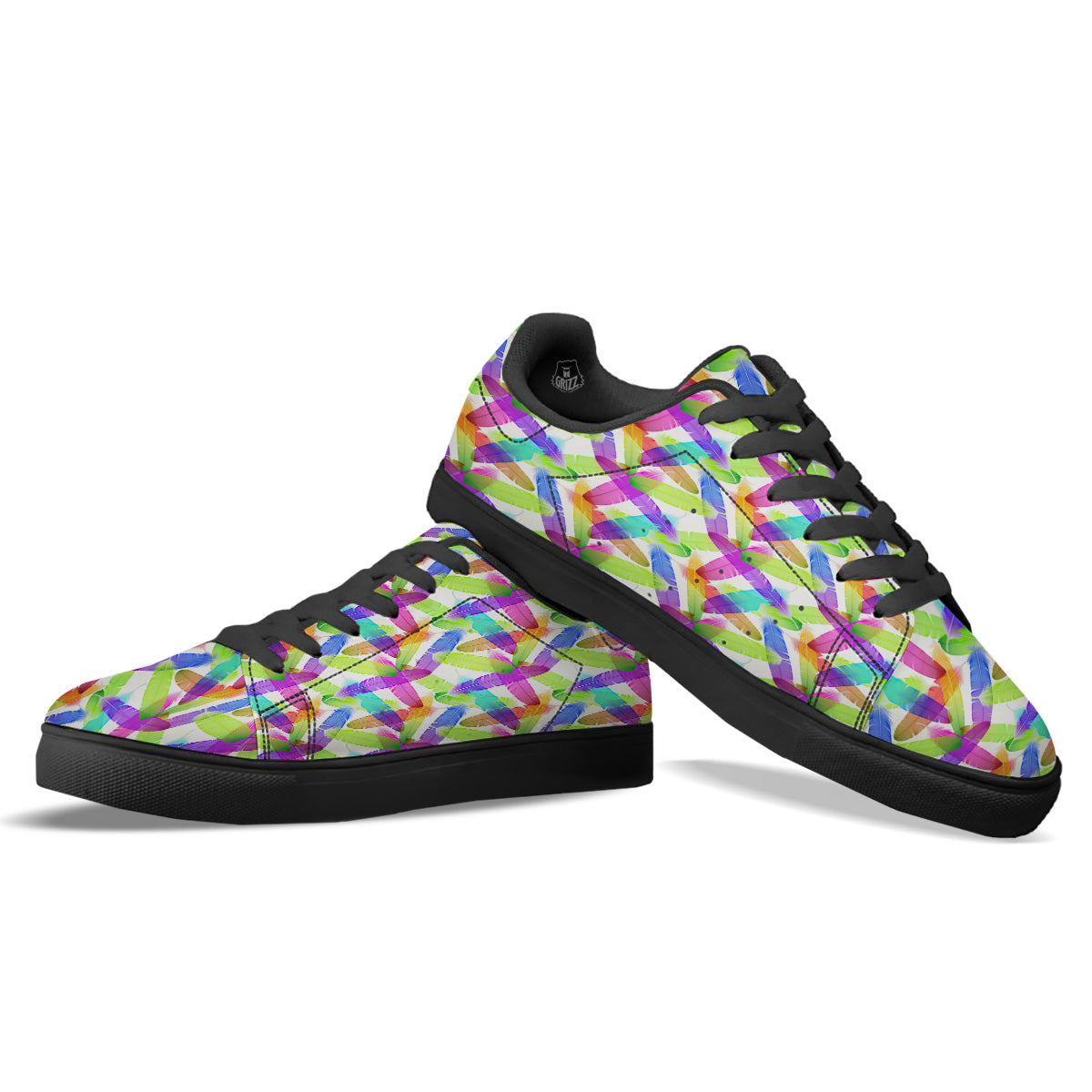 Rainbow Color Feather Print Pattern Black Low Top Sneakers-grizzshop