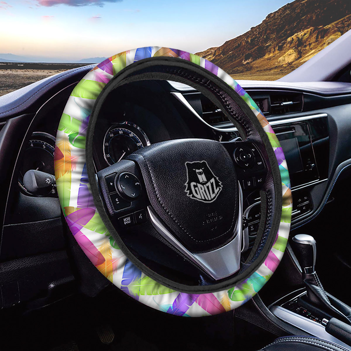 Rainbow Color Feather Print Pattern Car Steering Wheel Cover-grizzshop