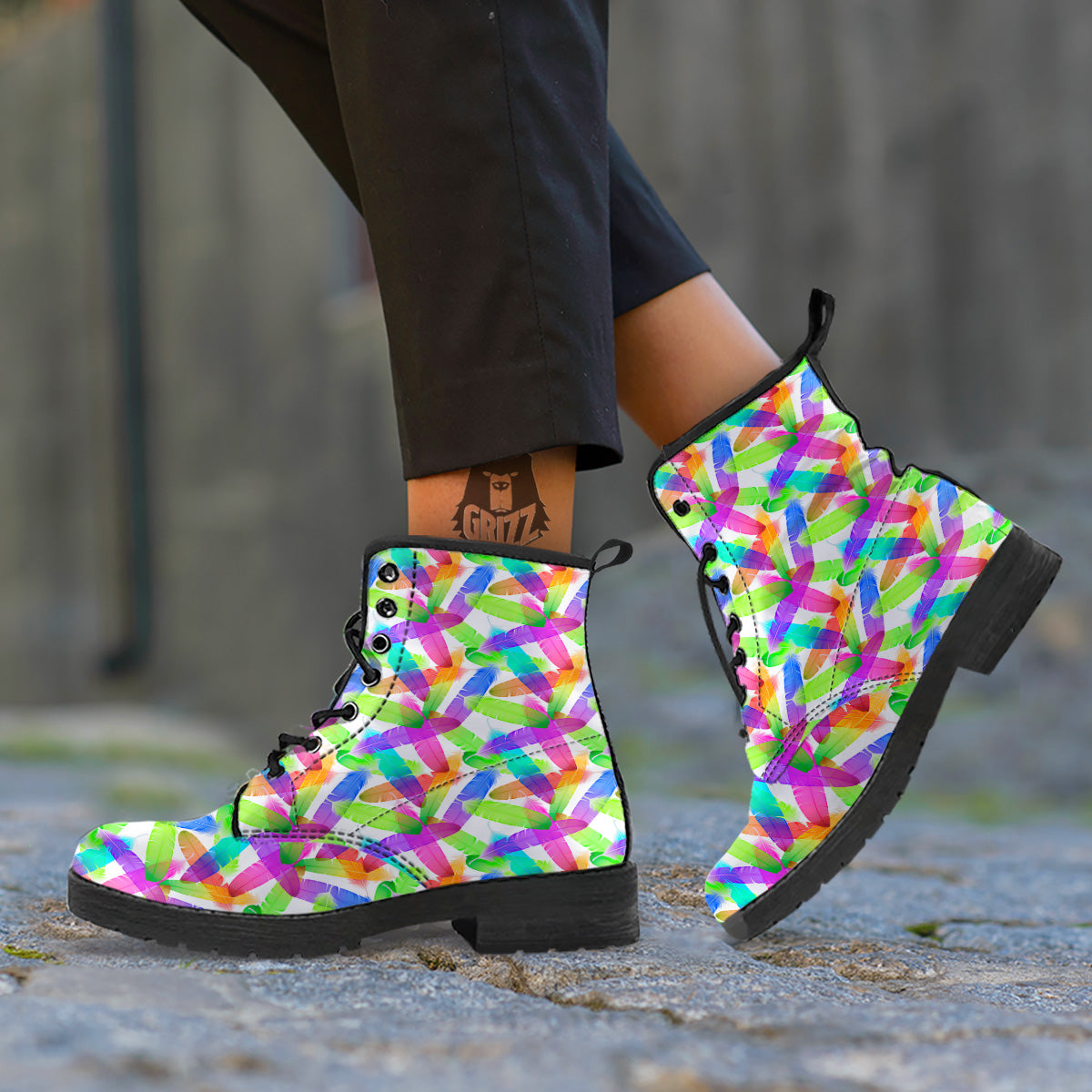 Rainbow Color Feather Print Pattern Leather Boots-grizzshop