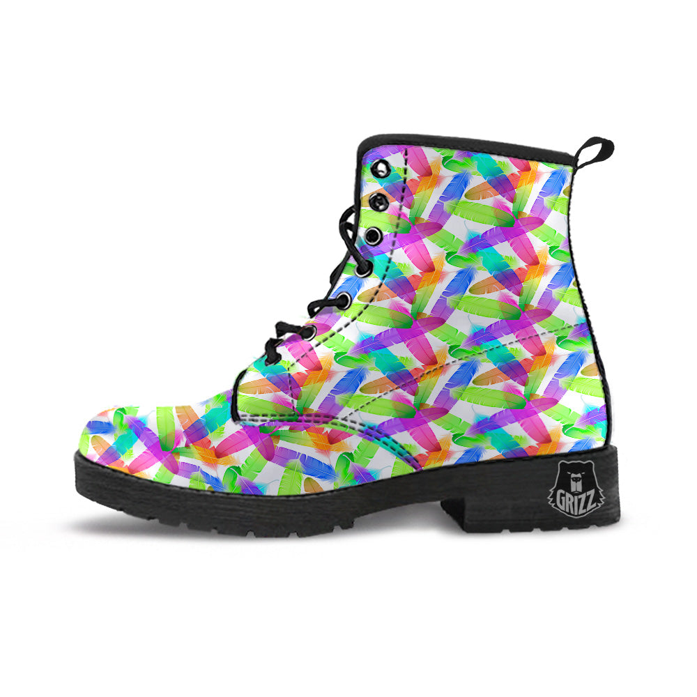 Rainbow Color Feather Print Pattern Leather Boots-grizzshop