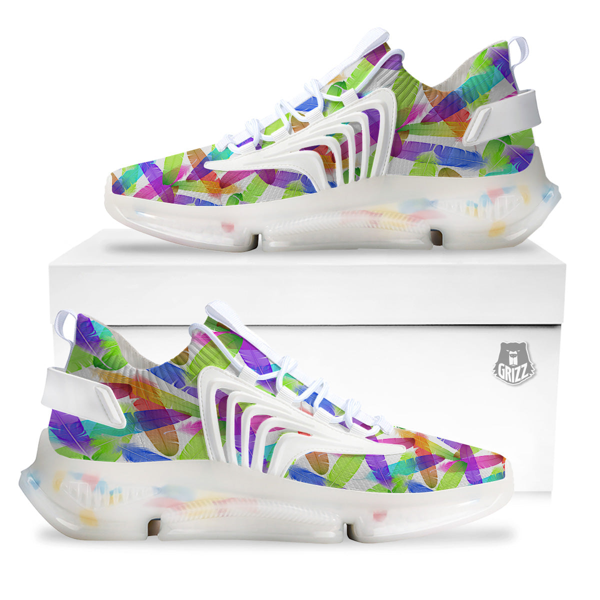 Rainbow Color Feather Print Pattern White Gym Shoes-grizzshop