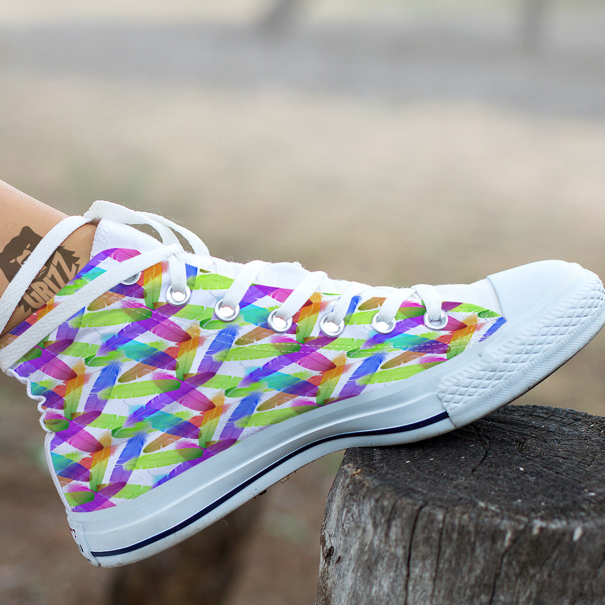 Rainbow Color Feather Print Pattern White High Top Shoes-grizzshop