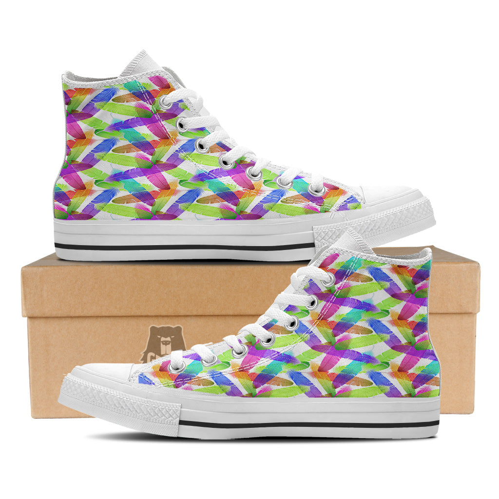 Rainbow Color Feather Print Pattern White High Top Shoes-grizzshop