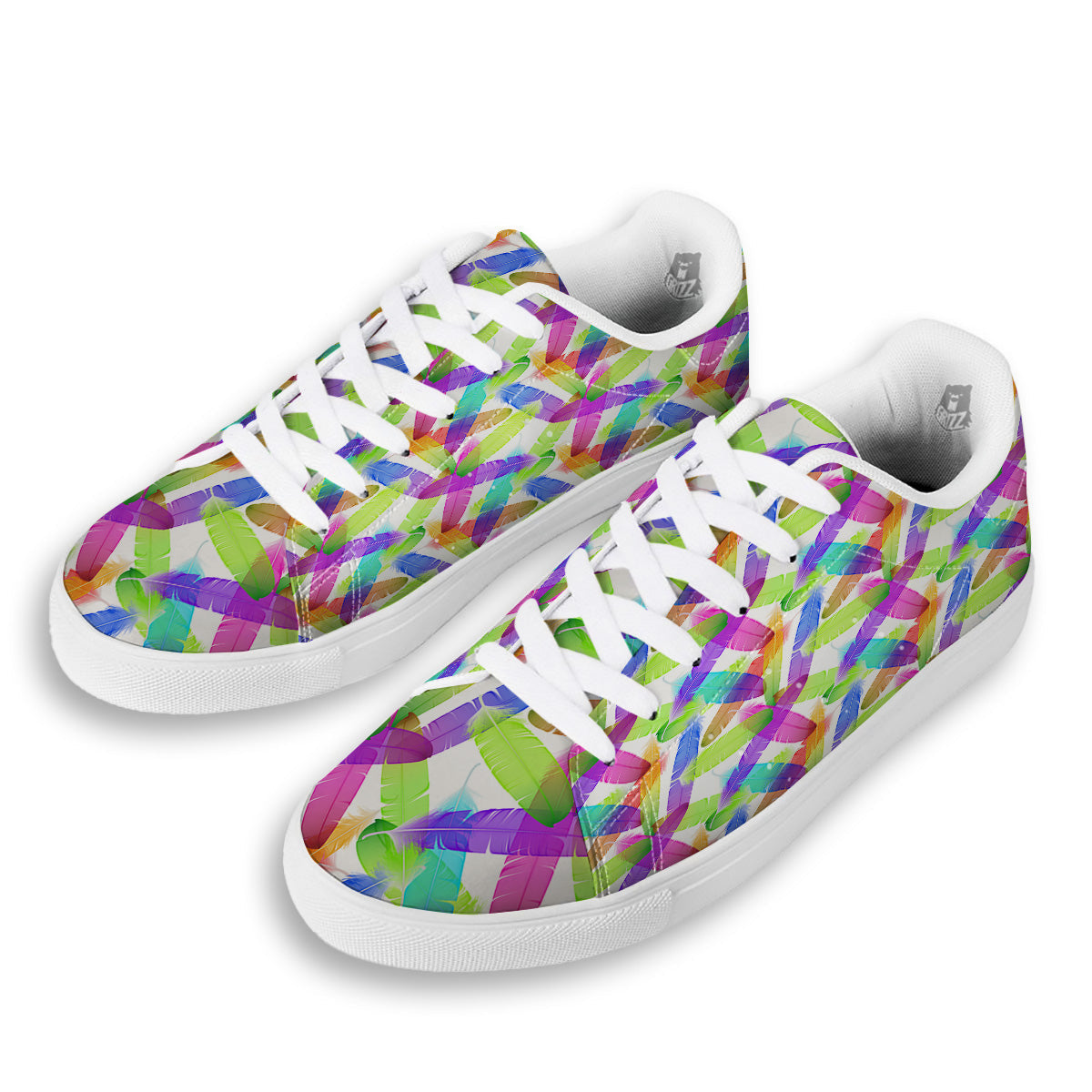 Rainbow Color Feather Print Pattern White Low Top Sneakers-grizzshop