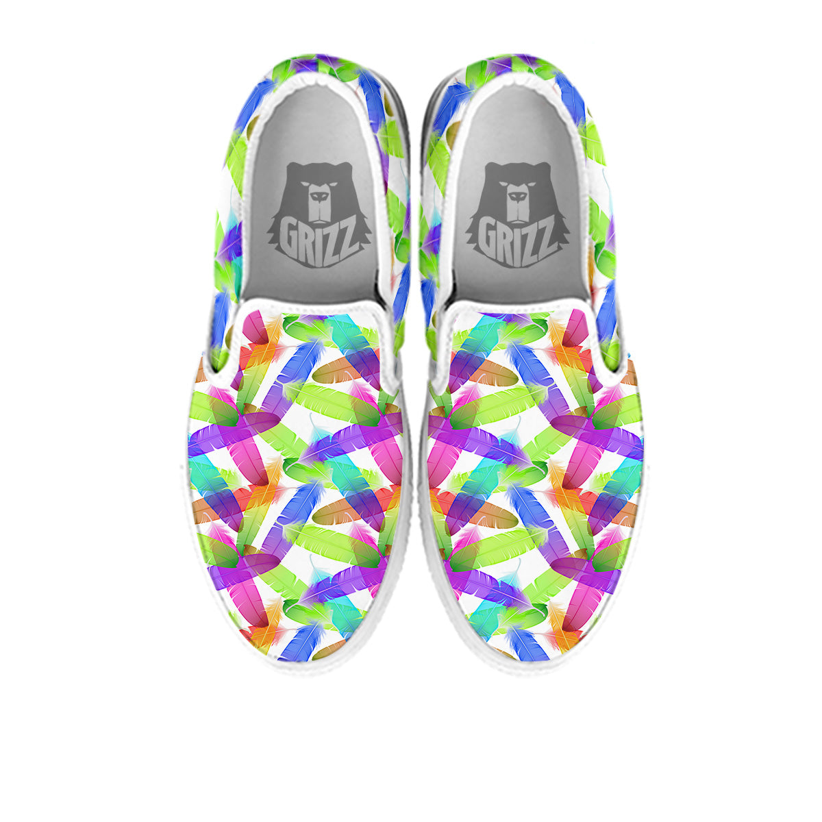 Rainbow Color Feather Print Pattern White Slip On Shoes-grizzshop