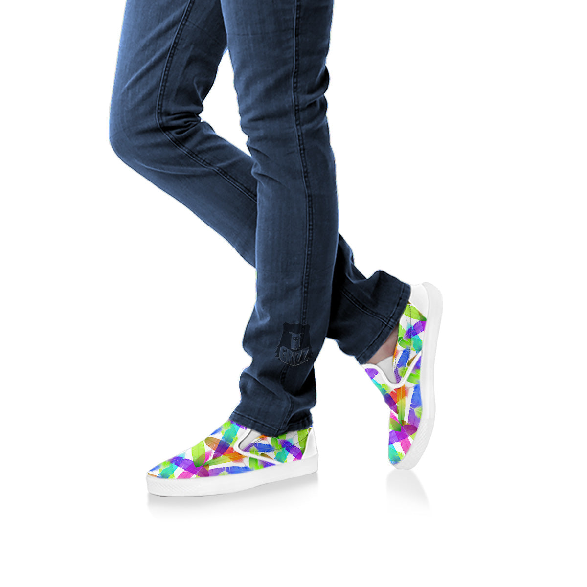 Rainbow Color Feather Print Pattern White Slip On Shoes-grizzshop