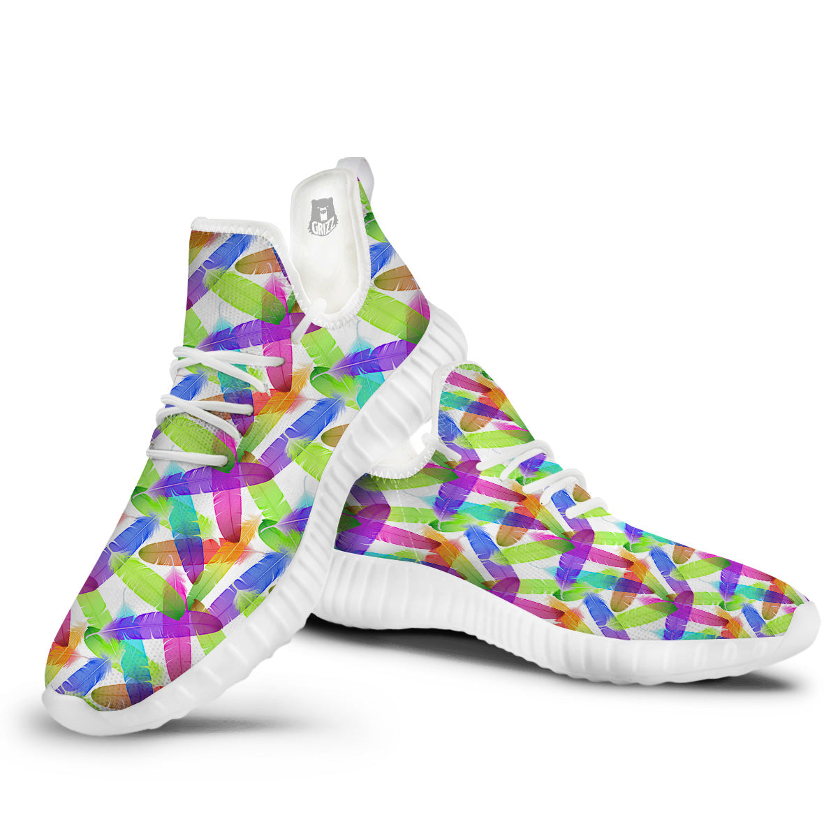 Rainbow Color Feather Print Pattern White Walking Shoes-grizzshop