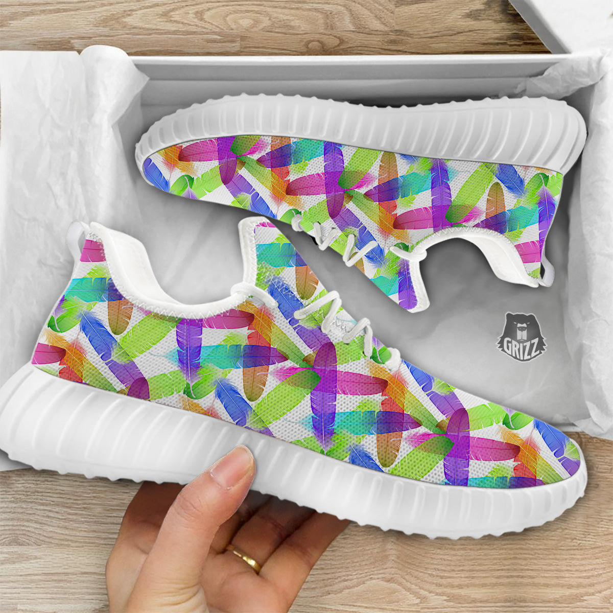 Rainbow Color Feather Print Pattern White Walking Shoes-grizzshop