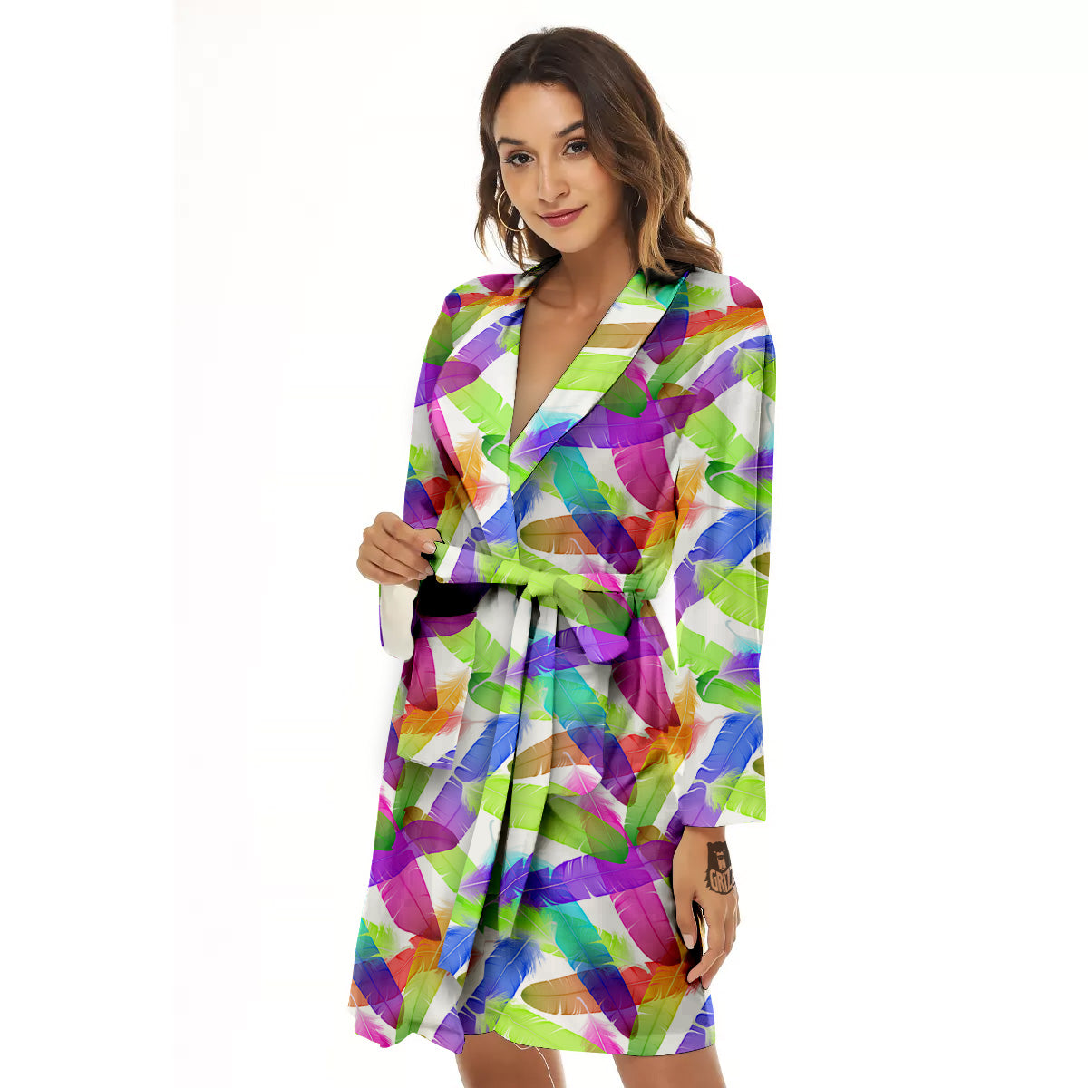 Rainbow Color Feather Print Pattern Women's Robe-grizzshop