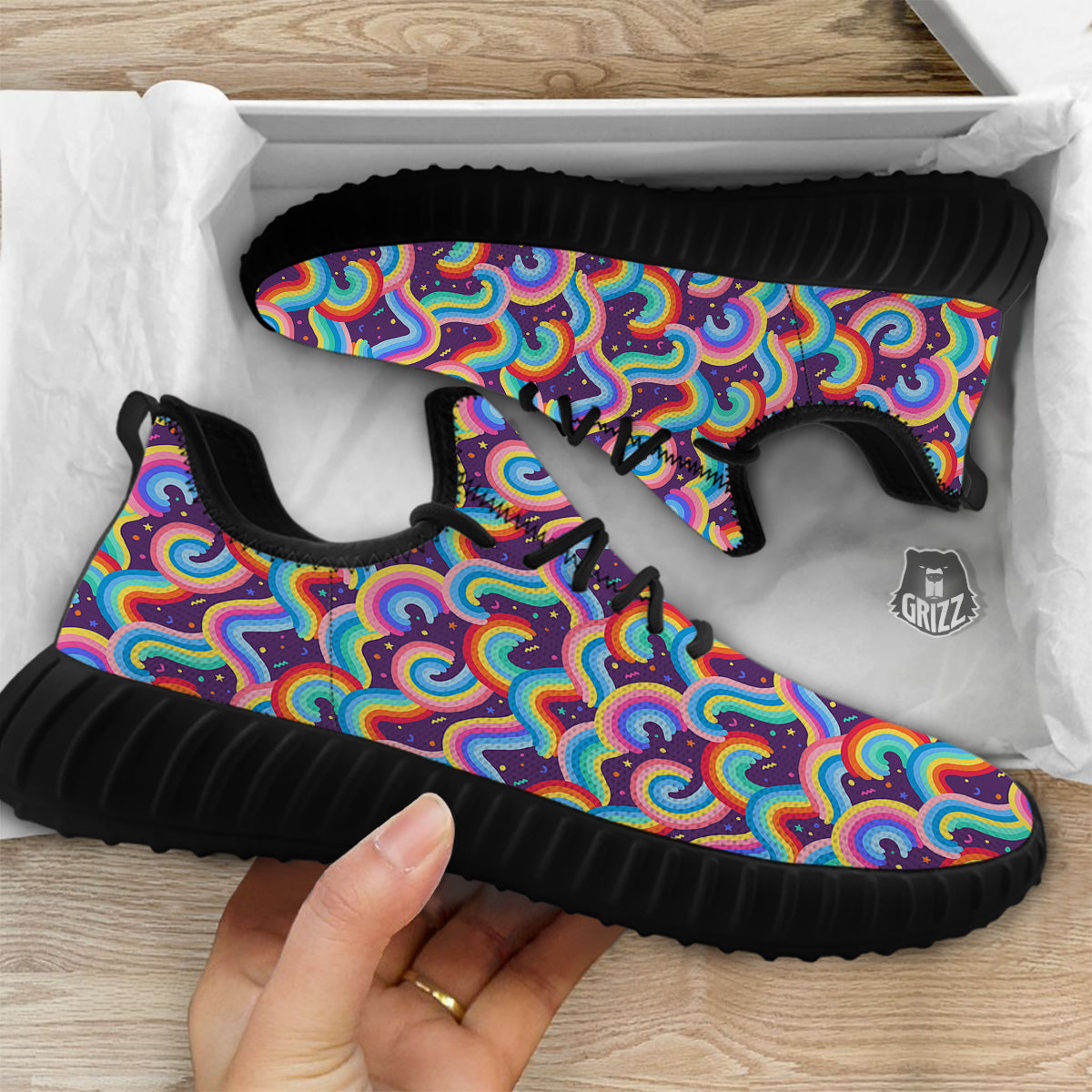 Rainbow Colorful Cute Print Pattern Black Walking Shoes-grizzshop