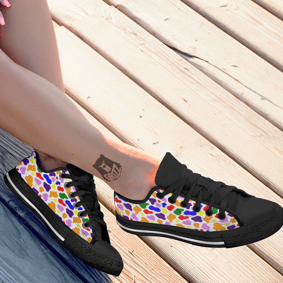 Rainbow Cow Print Pattern Black Low Top Shoes-grizzshop