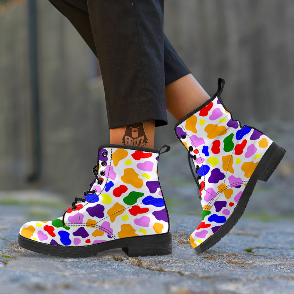 Rainbow Cow Print Pattern Leather Boots-grizzshop