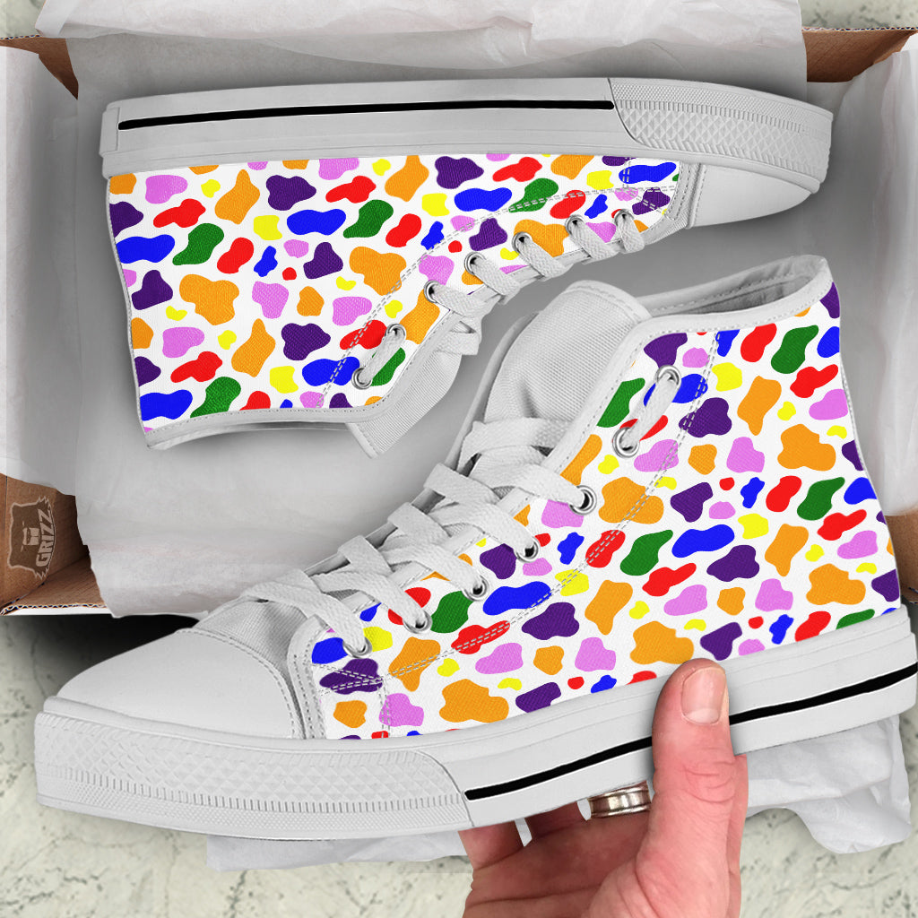Rainbow Cow Print Pattern White High Top Shoes-grizzshop