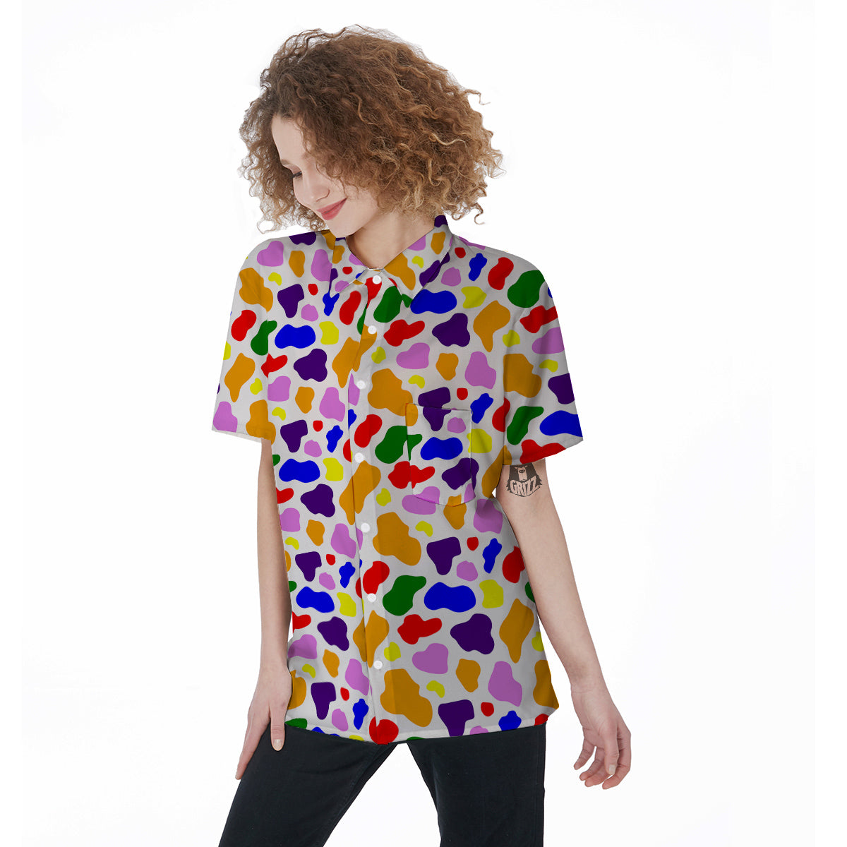 Rainbow Cow Print Pattern Women's Short Sleeve Shirts-grizzshop