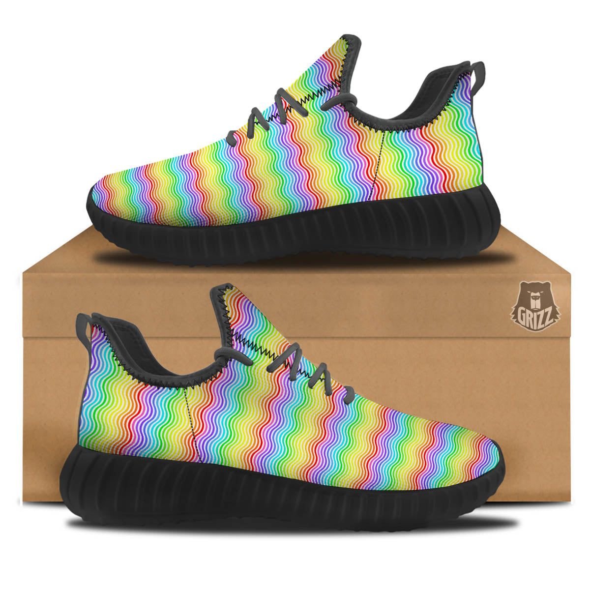 Rainbow Curved Print Pattern Black Walking Shoes-grizzshop