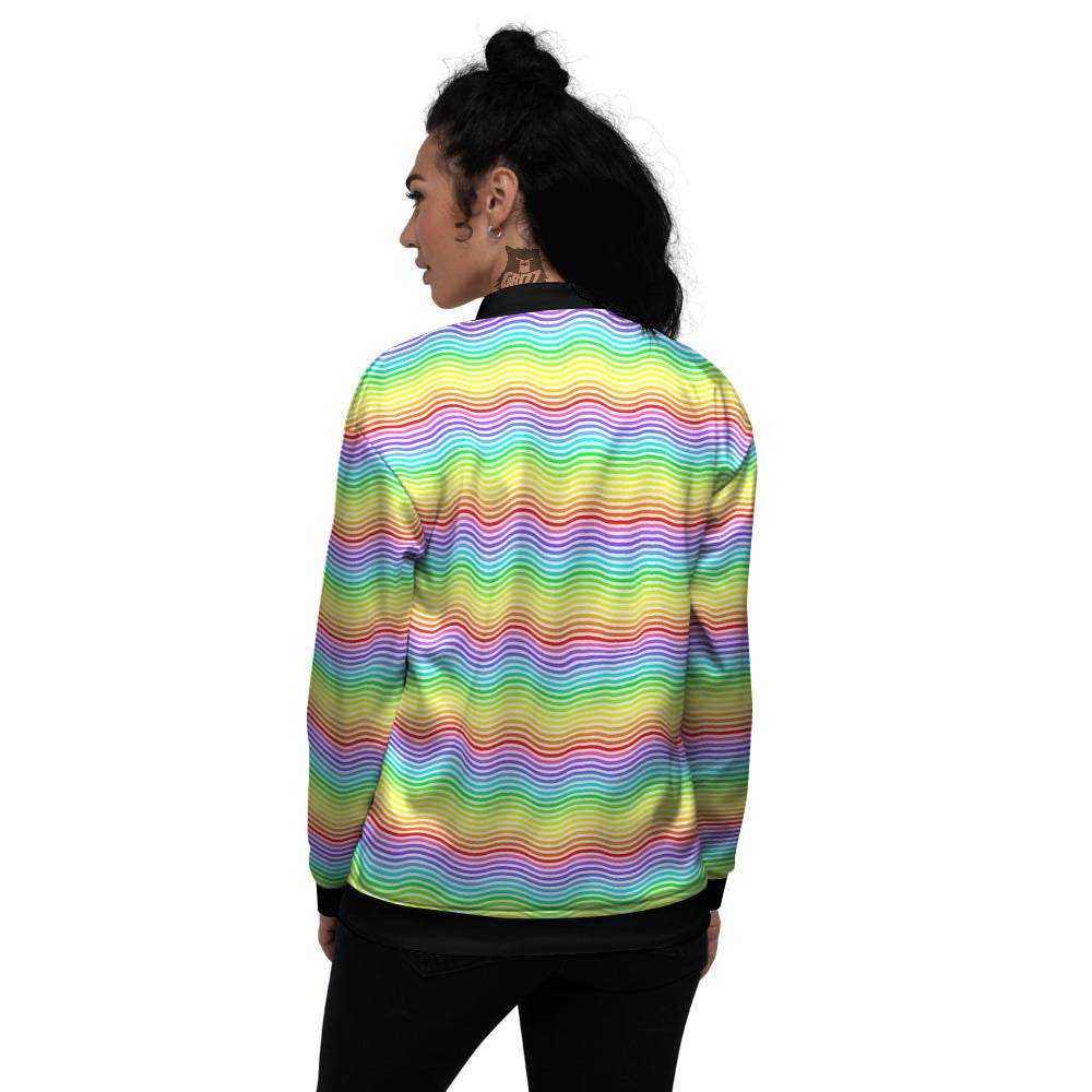 Rainbow Curved Print Pattern Women's Bomber Jacket-grizzshop