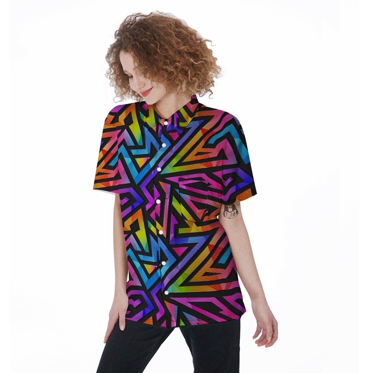 Rainbow Geometric Abstract Women's Short Sleeve Shirts-grizzshop
