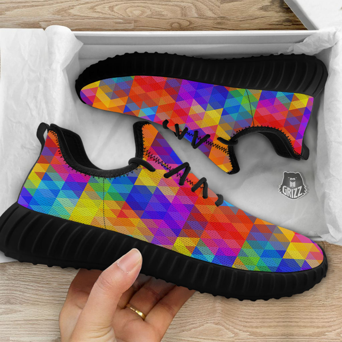 Rainbow Geometric Print Pattern Black Walking Shoes-grizzshop