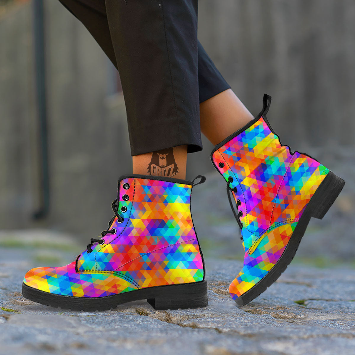 Rainbow Geometric Print Pattern Leather Boots-grizzshop