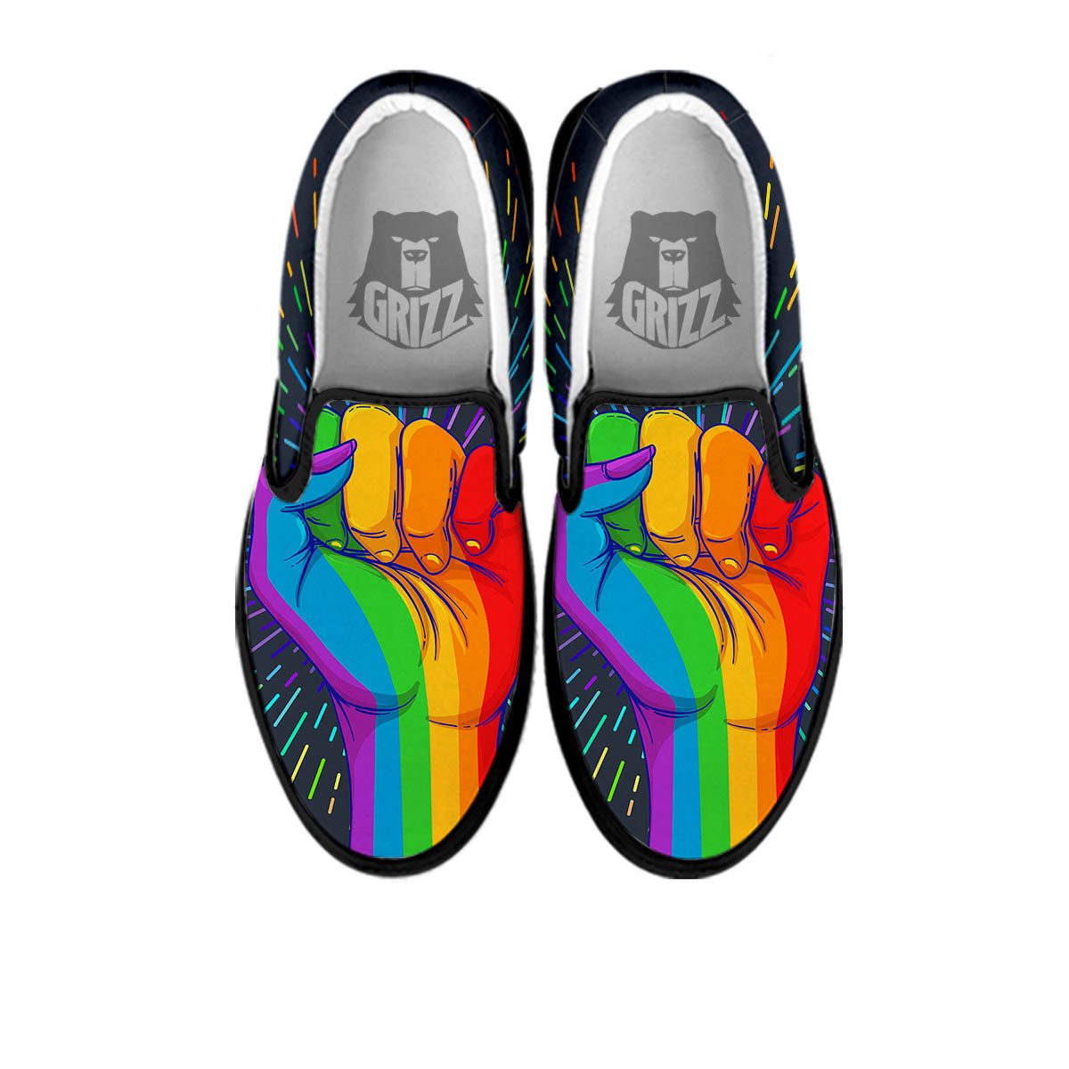 Rainbow Hand LGBT Pride Print Black Slip On Shoes-grizzshop