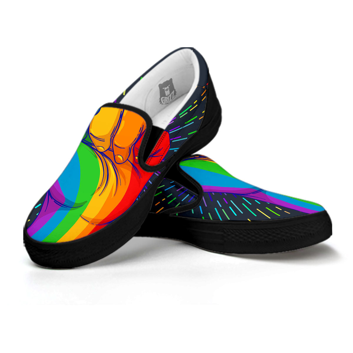 Rainbow Hand LGBT Pride Print Black Slip On Shoes-grizzshop