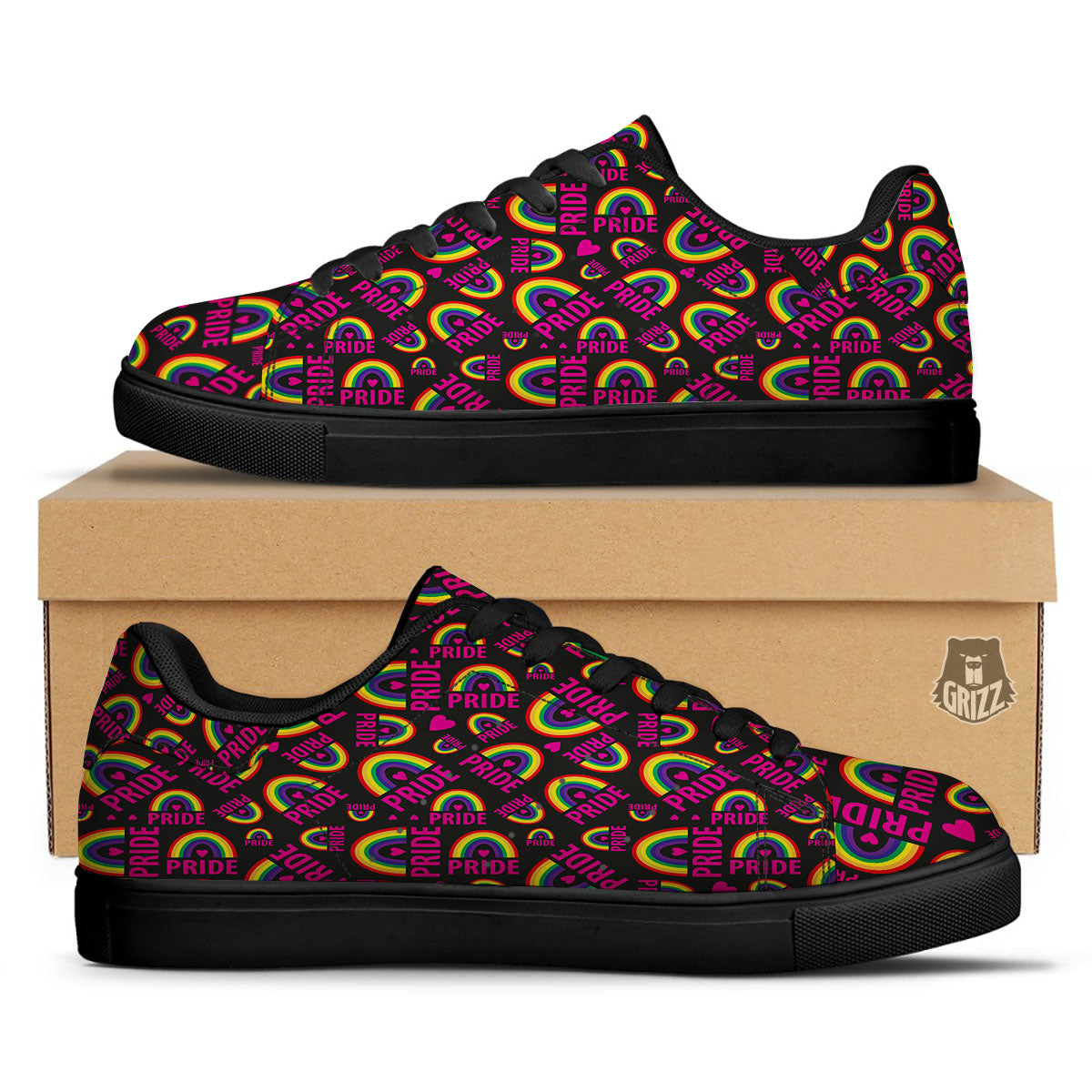 Rainbow Heart LGBT Pride Print Pattern Black Low Top Sneakers-grizzshop