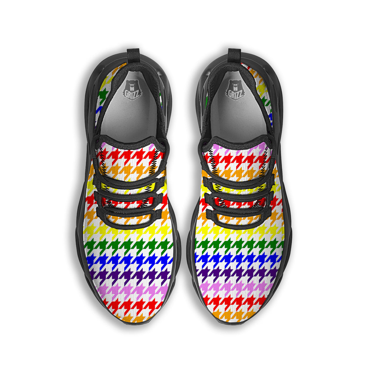 Rainbow Houndstooth Print Black Running Shoes-grizzshop