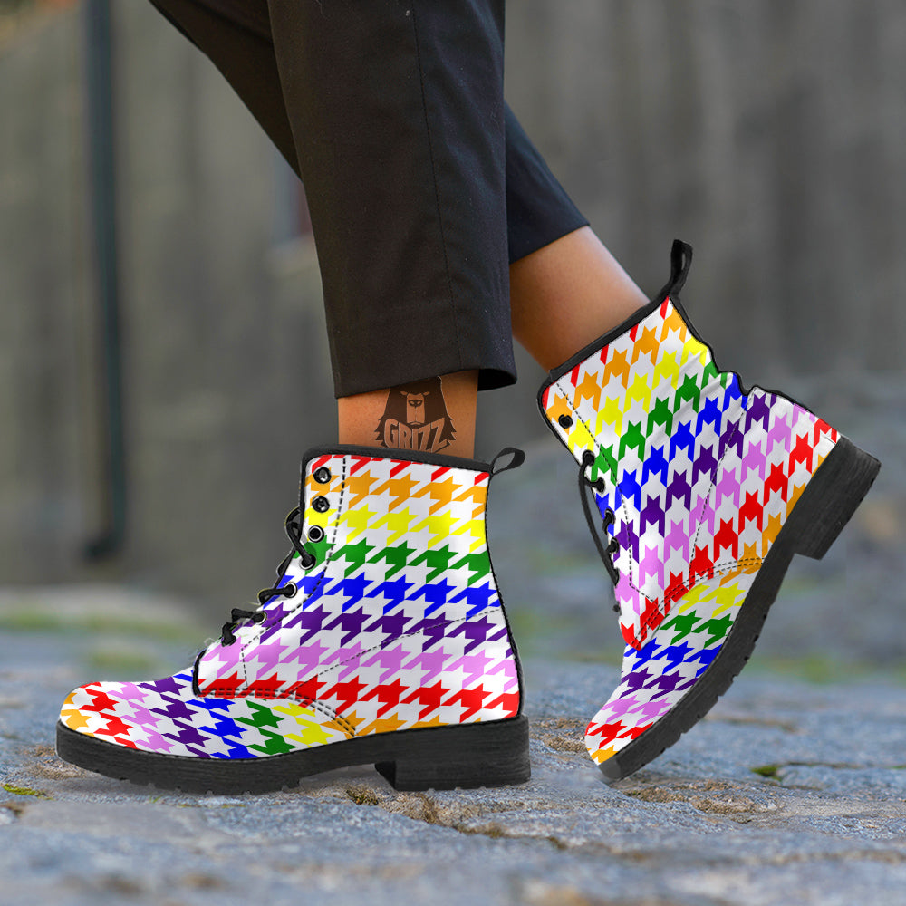 Rainbow Houndstooth Print Leather Boots-grizzshop