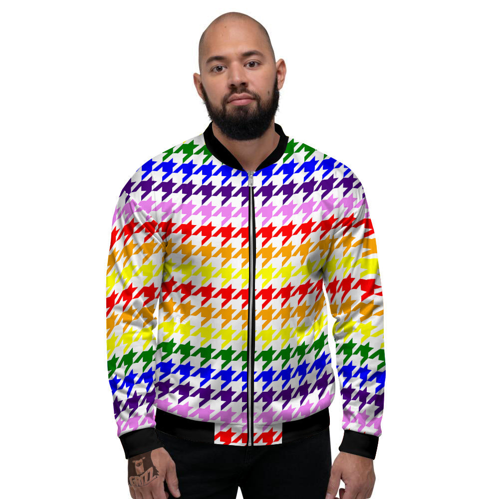 Rainbow Houndstooth Print Men's Bomber Jacket-grizzshop