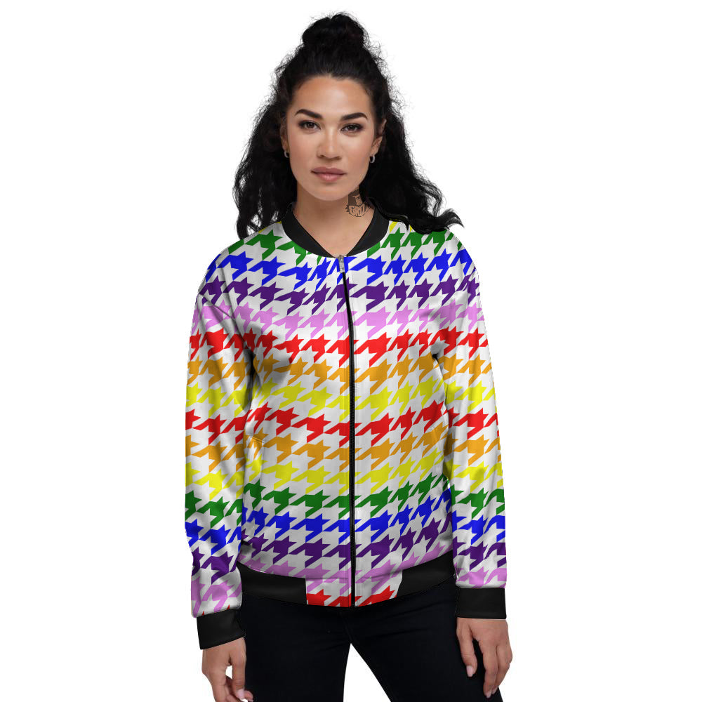 Rainbow Houndstooth Print Women's Bomber Jacket-grizzshop