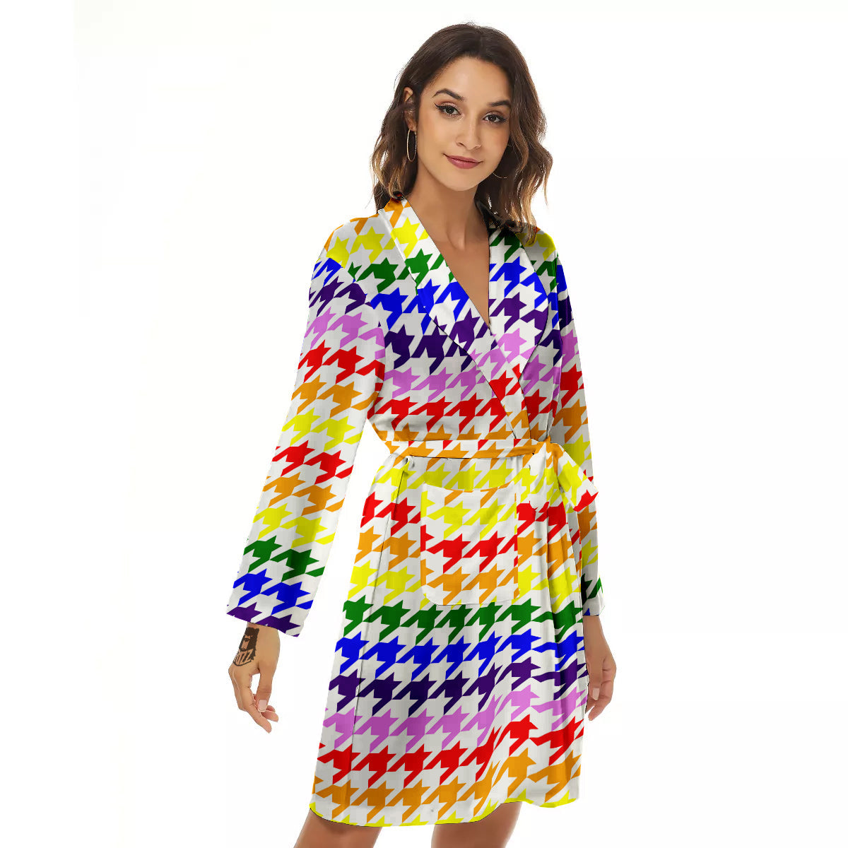 Rainbow Houndstooth Print Women's Robe-grizzshop