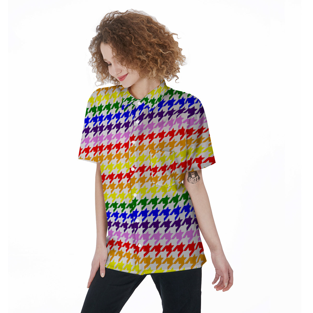 Rainbow Houndstooth Print Women's Short Sleeve Shirts-grizzshop