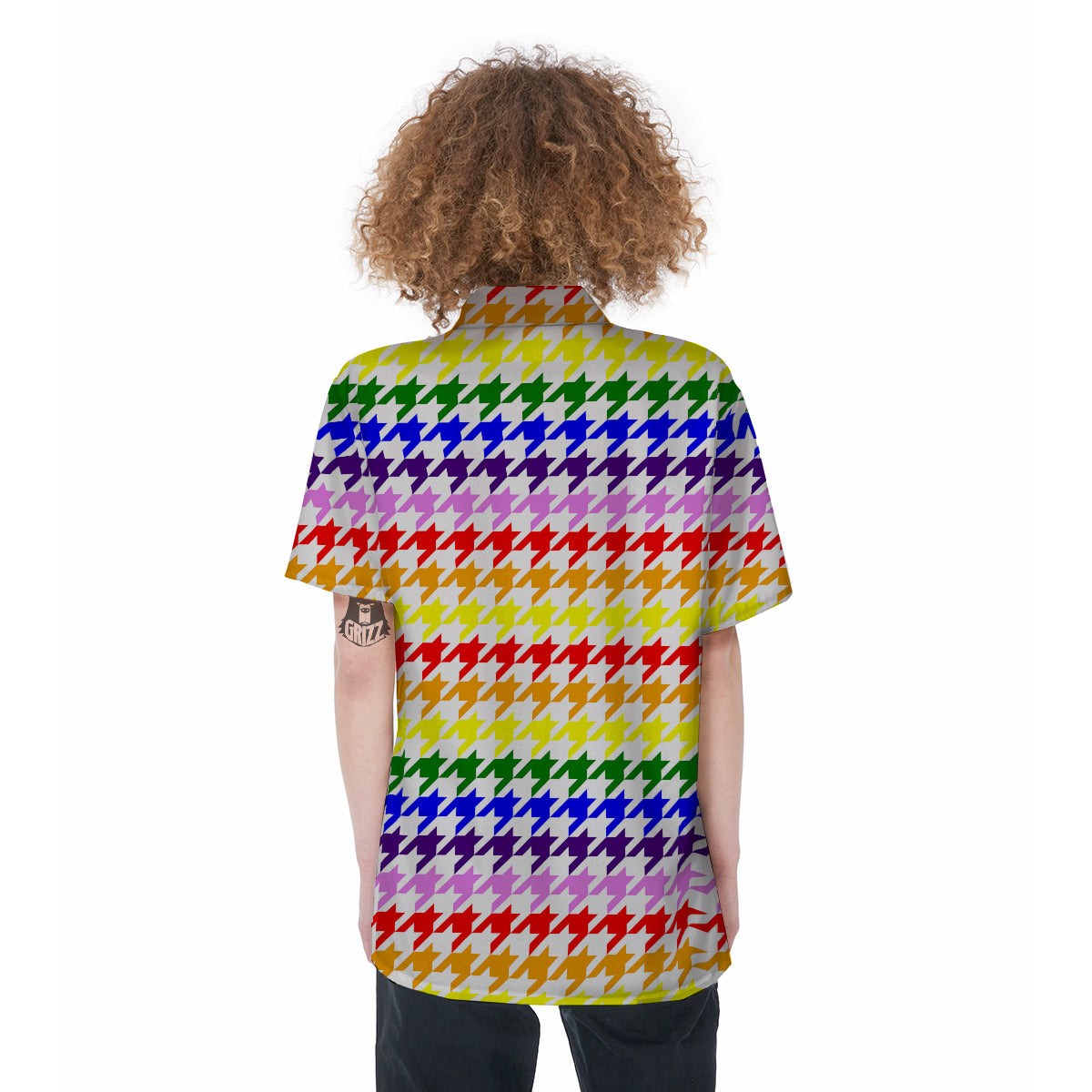 Rainbow Houndstooth Print Women's Short Sleeve Shirts-grizzshop