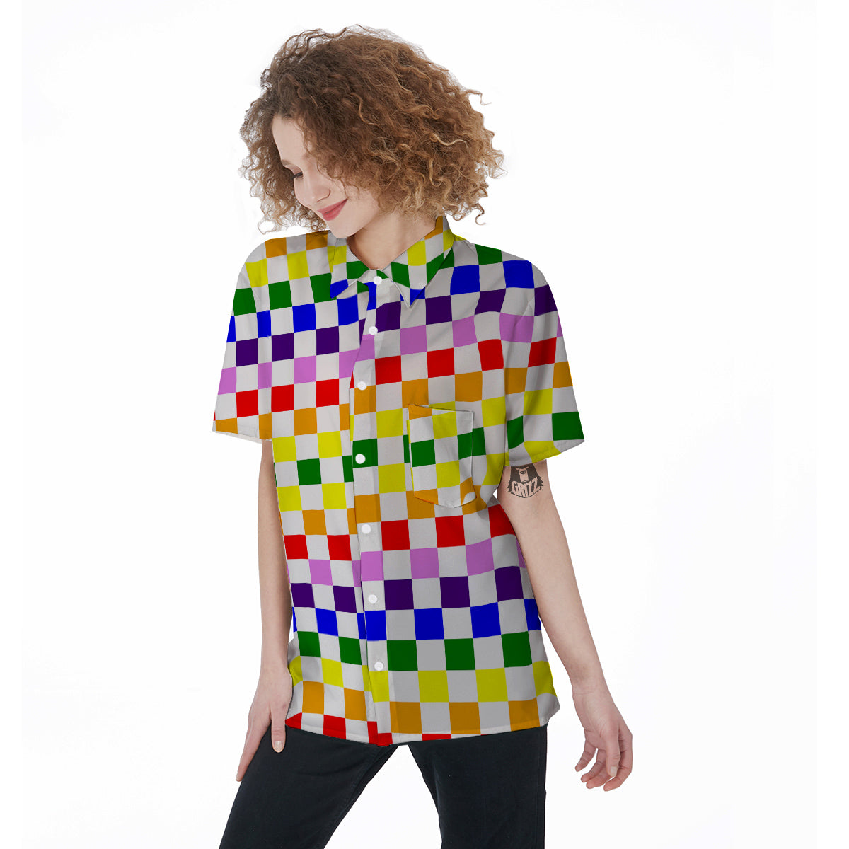 Rainbow LGBT Checkered Flag Print Women's Short Sleeve Shirts-grizzshop