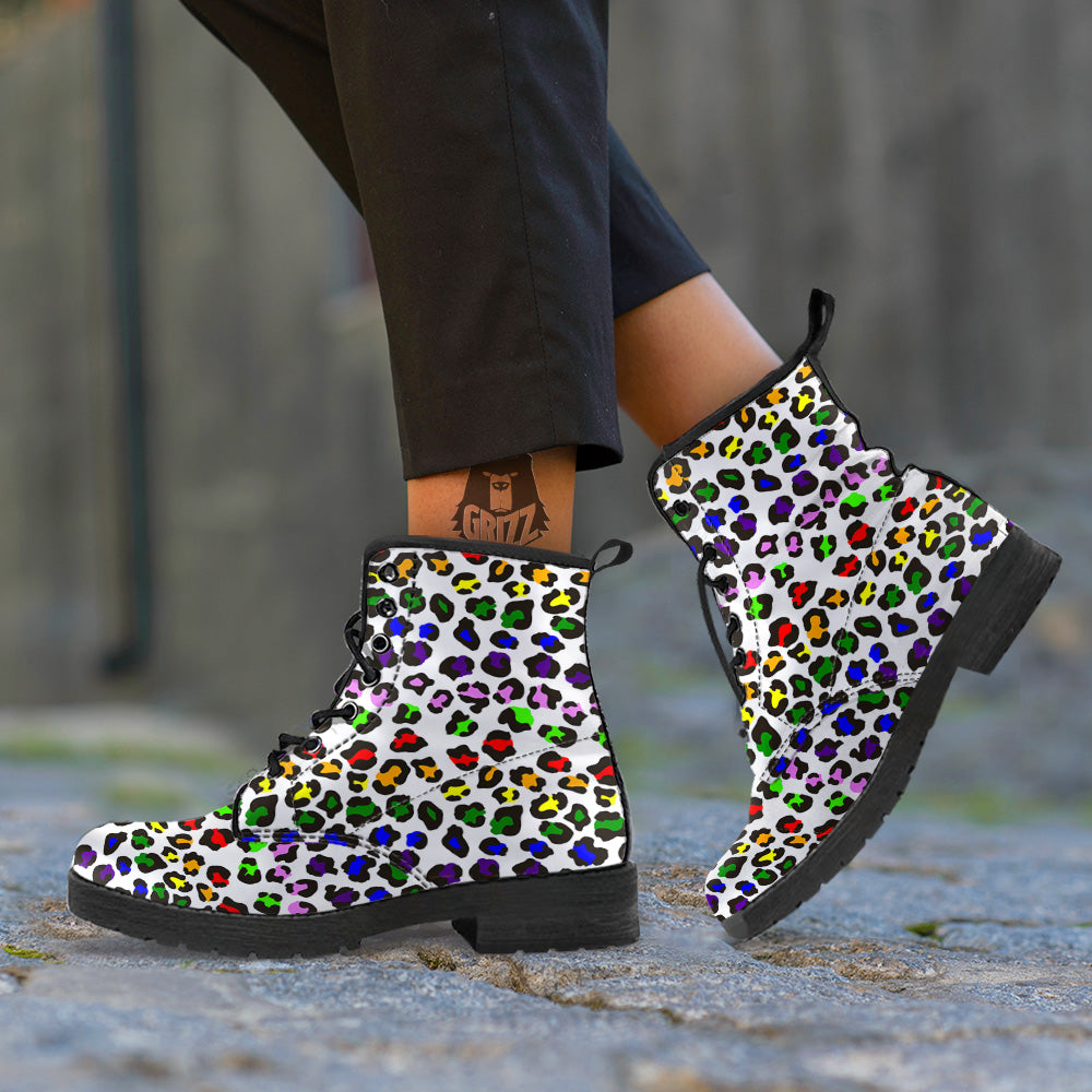 Rainbow LGBT Leopard Print Pattern Leather Boots-grizzshop