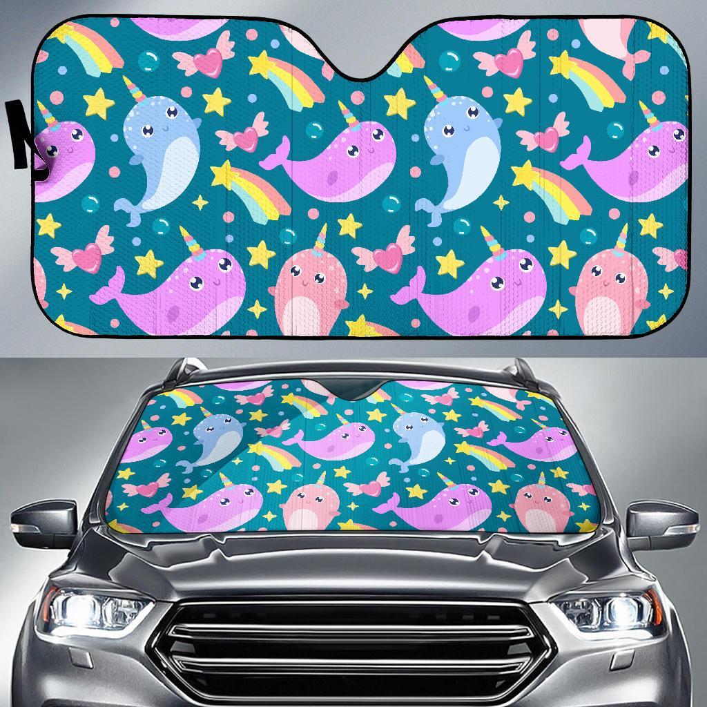 Rainbow Narwhal Pattern Print Car Sun Shade-grizzshop