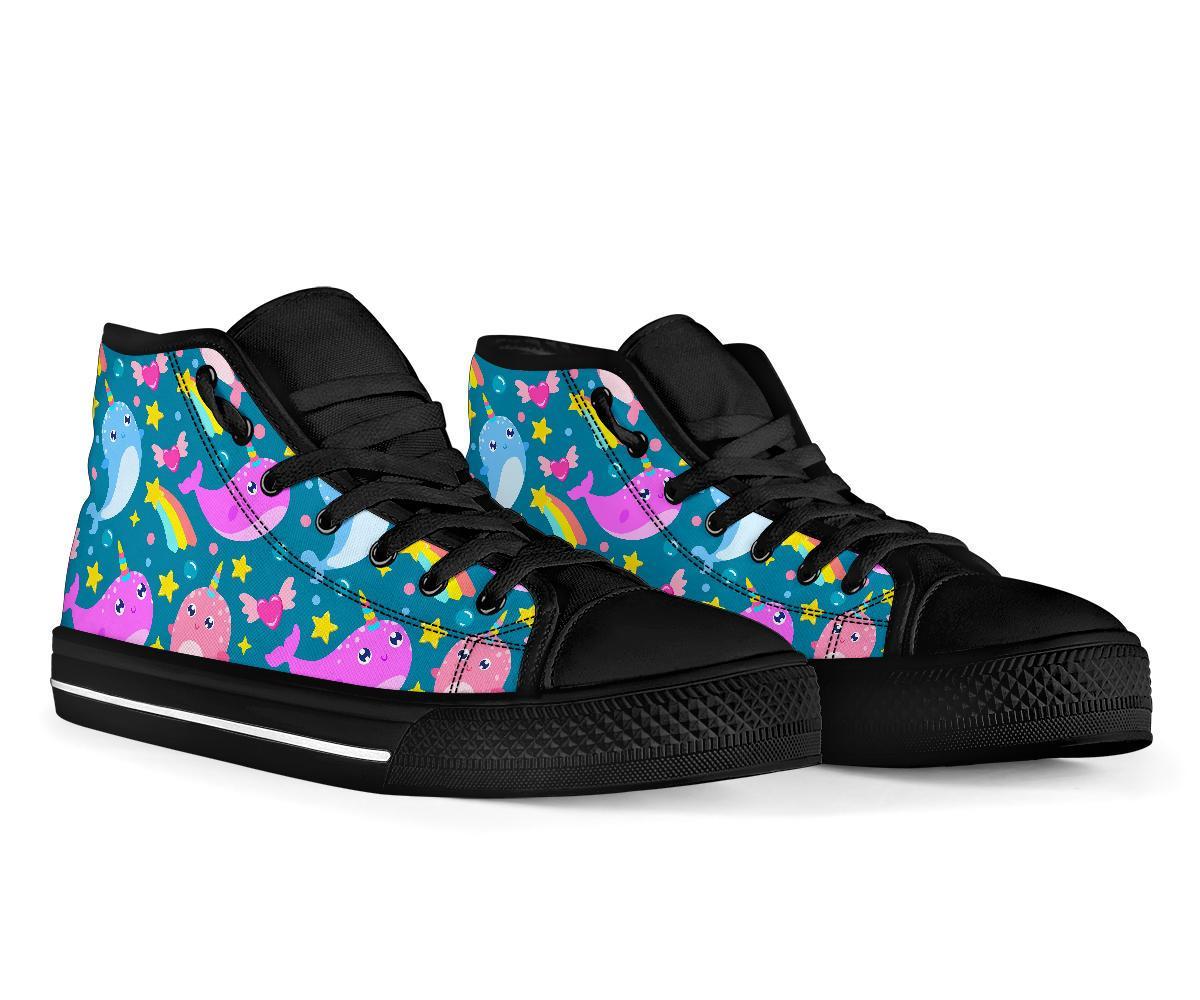 Rainbow Narwhal Pattern Print Men Women's High Top Shoes-grizzshop