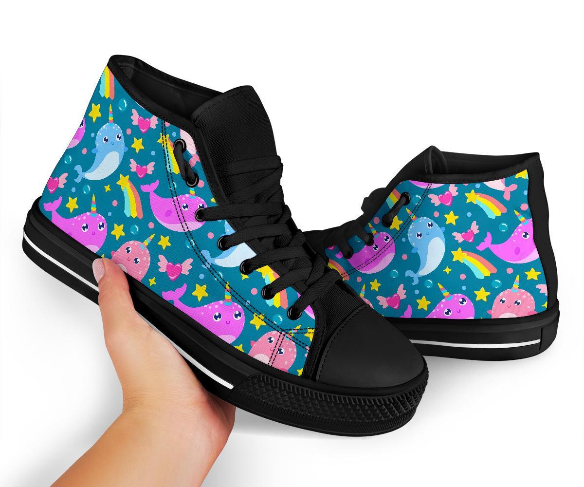 Rainbow Narwhal Pattern Print Men Women's High Top Shoes-grizzshop