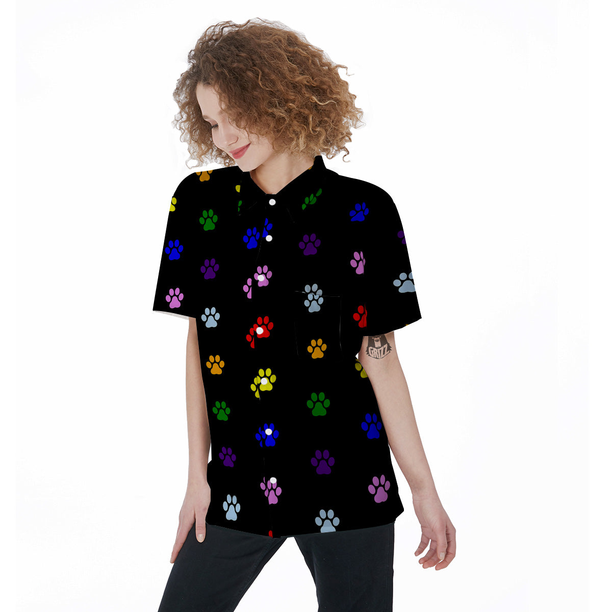 Rainbow Paw LGBT Print Pattern Paw Print Women's Short Sleeve Shirts-grizzshop