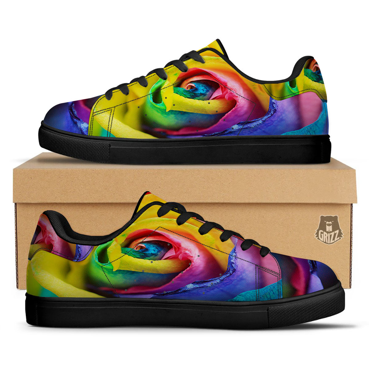 Rainbow Roses LGBT Pride Print Black Low Top Sneakers-grizzshop