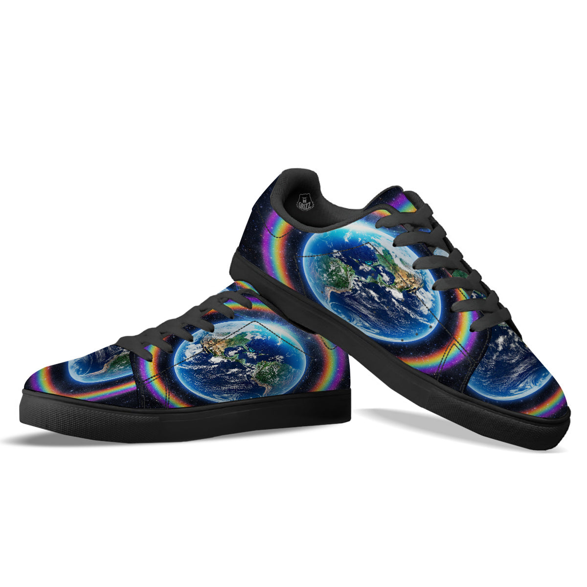 Rainbow The Earth Print Black Low Top Sneakers-grizzshop