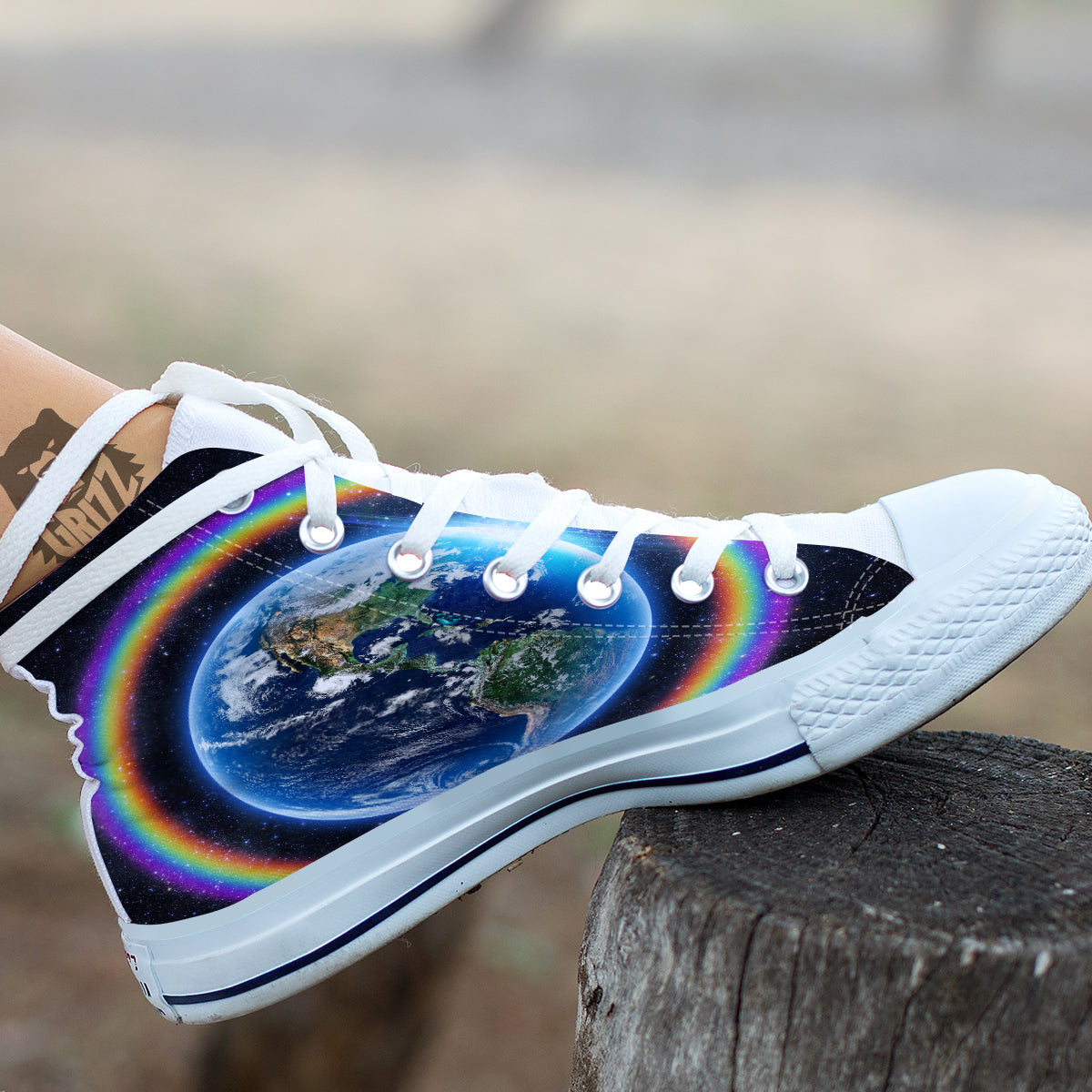 Rainbow The Earth Print White High Top Shoes-grizzshop