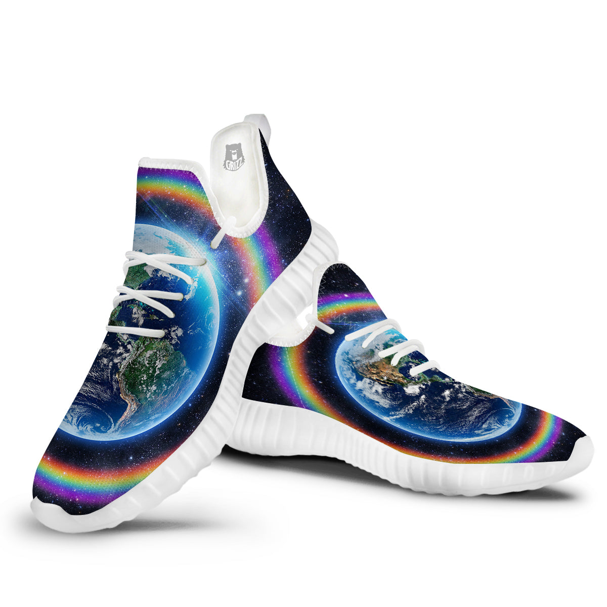 Rainbow The Earth Print White Walking Shoes-grizzshop