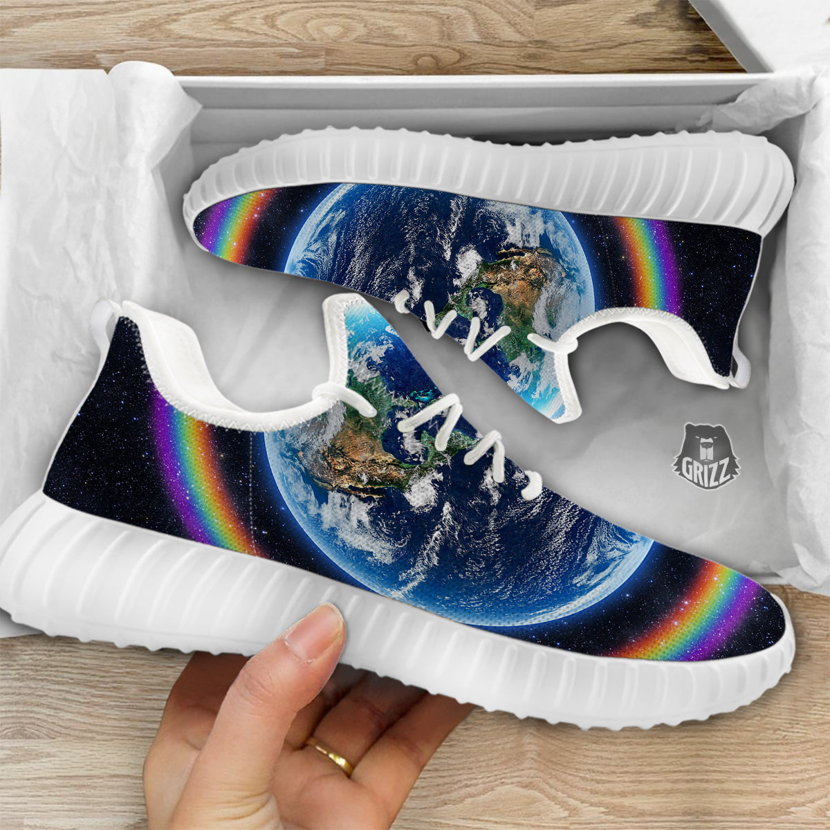 Rainbow The Earth Print White Walking Shoes-grizzshop