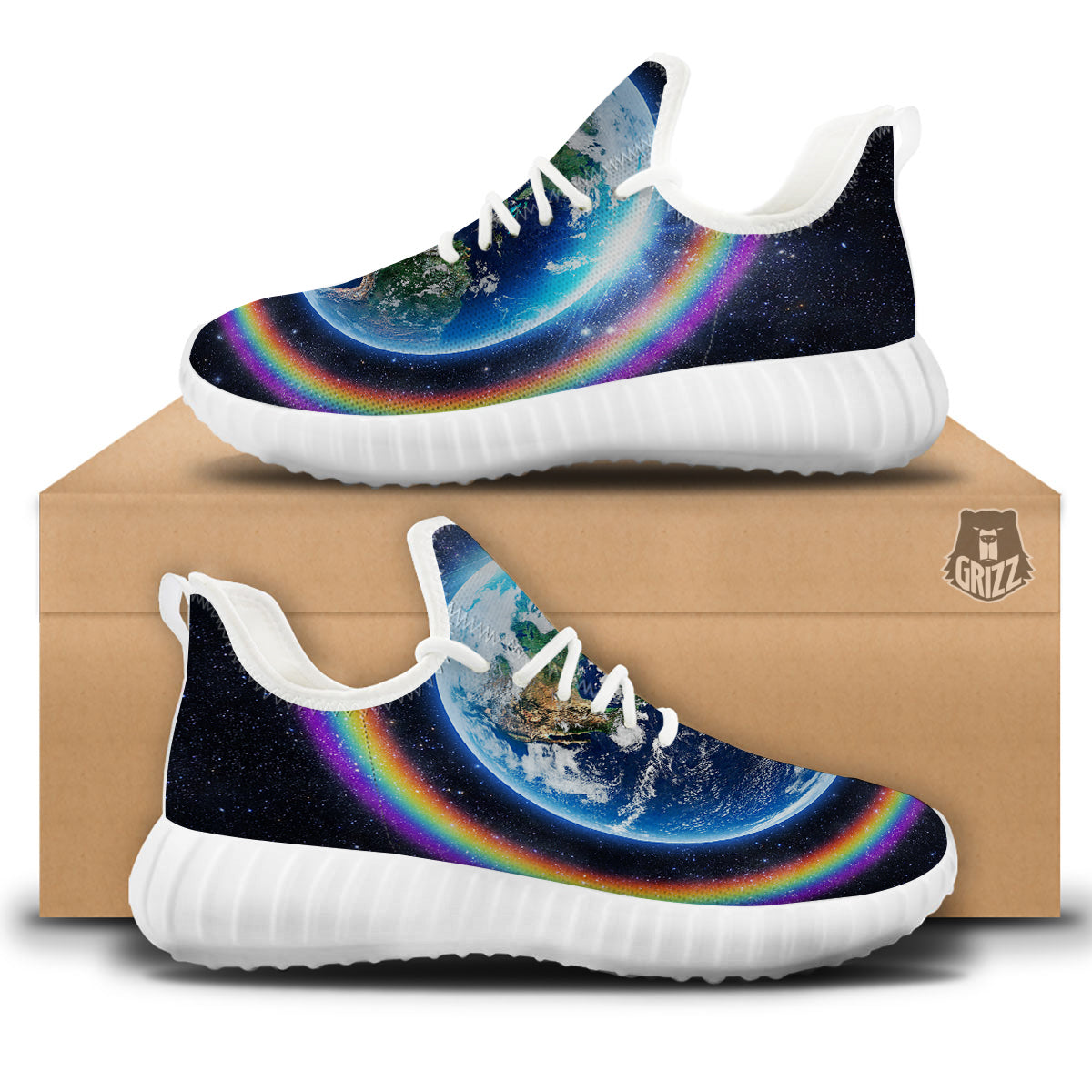 Rainbow The Earth Print White Walking Shoes-grizzshop