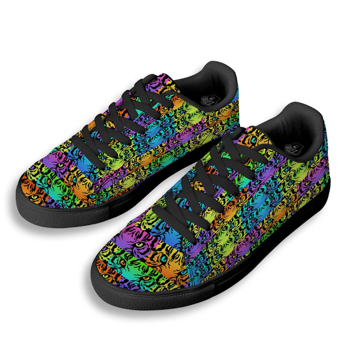 Rainbow Tiger Eyes Print Pattern Black Low Top Sneakers-grizzshop