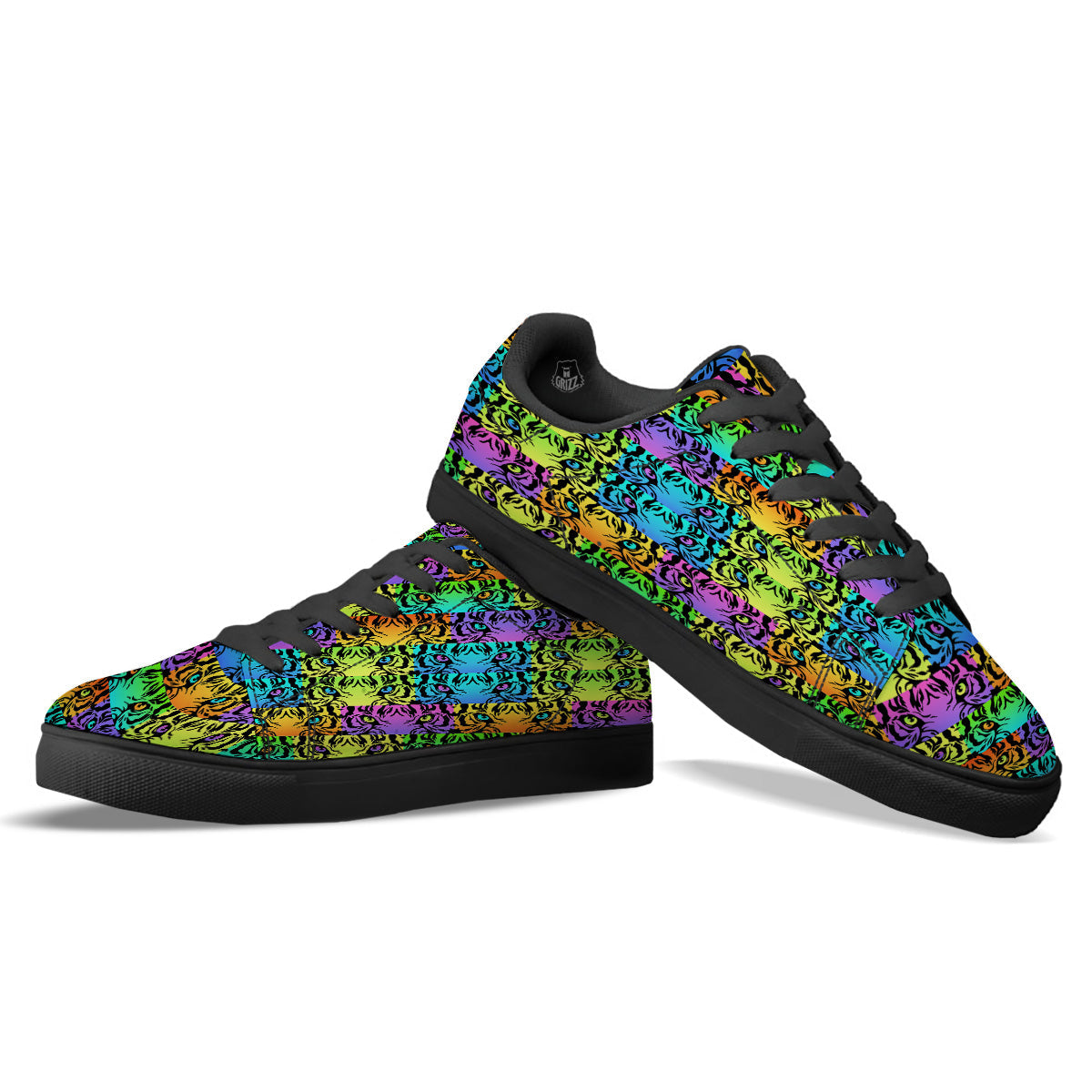 Rainbow Tiger Eyes Print Pattern Black Low Top Sneakers-grizzshop