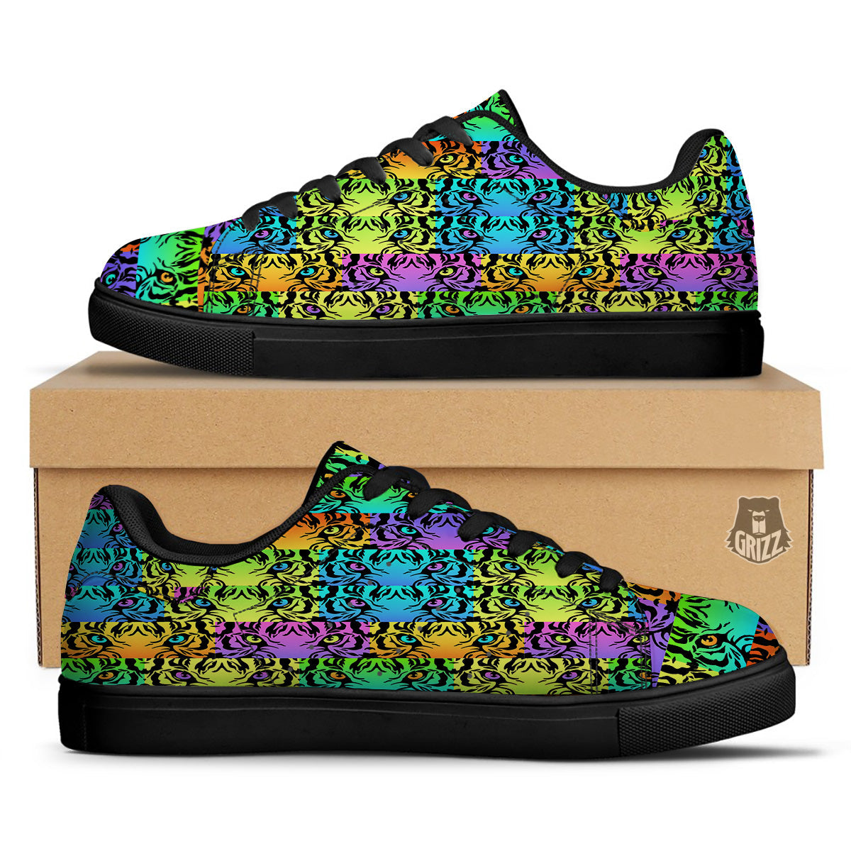 Rainbow Tiger Eyes Print Pattern Black Low Top Sneakers-grizzshop